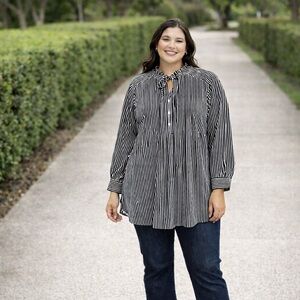 LOFT Plus Size 18 Black & White Striped Tie-Neck Blouse | Long Sleeve